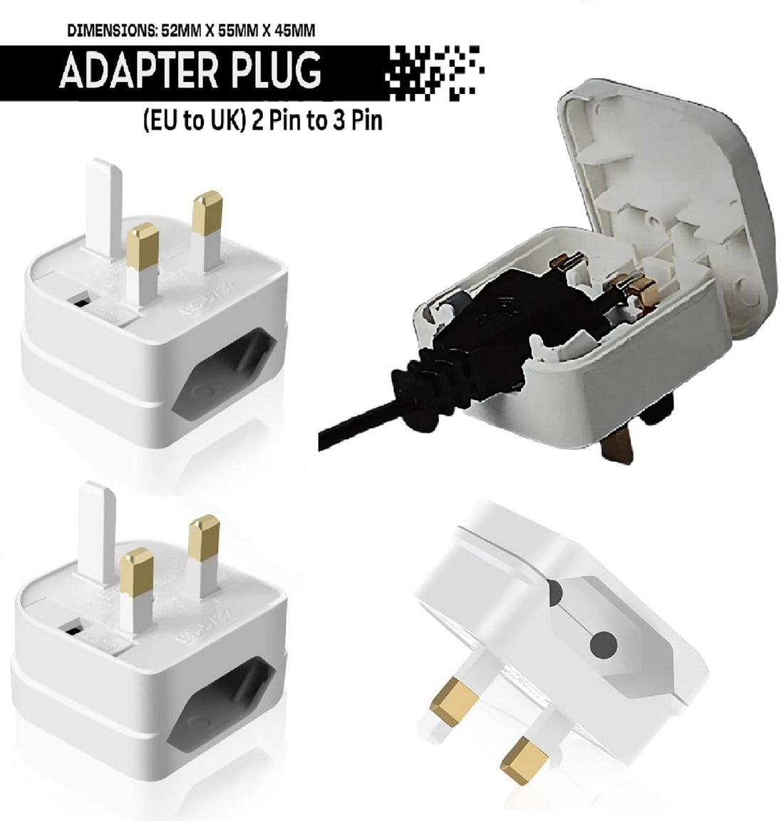 EU 2-Pin to UK 3-Pin Plug Adapter