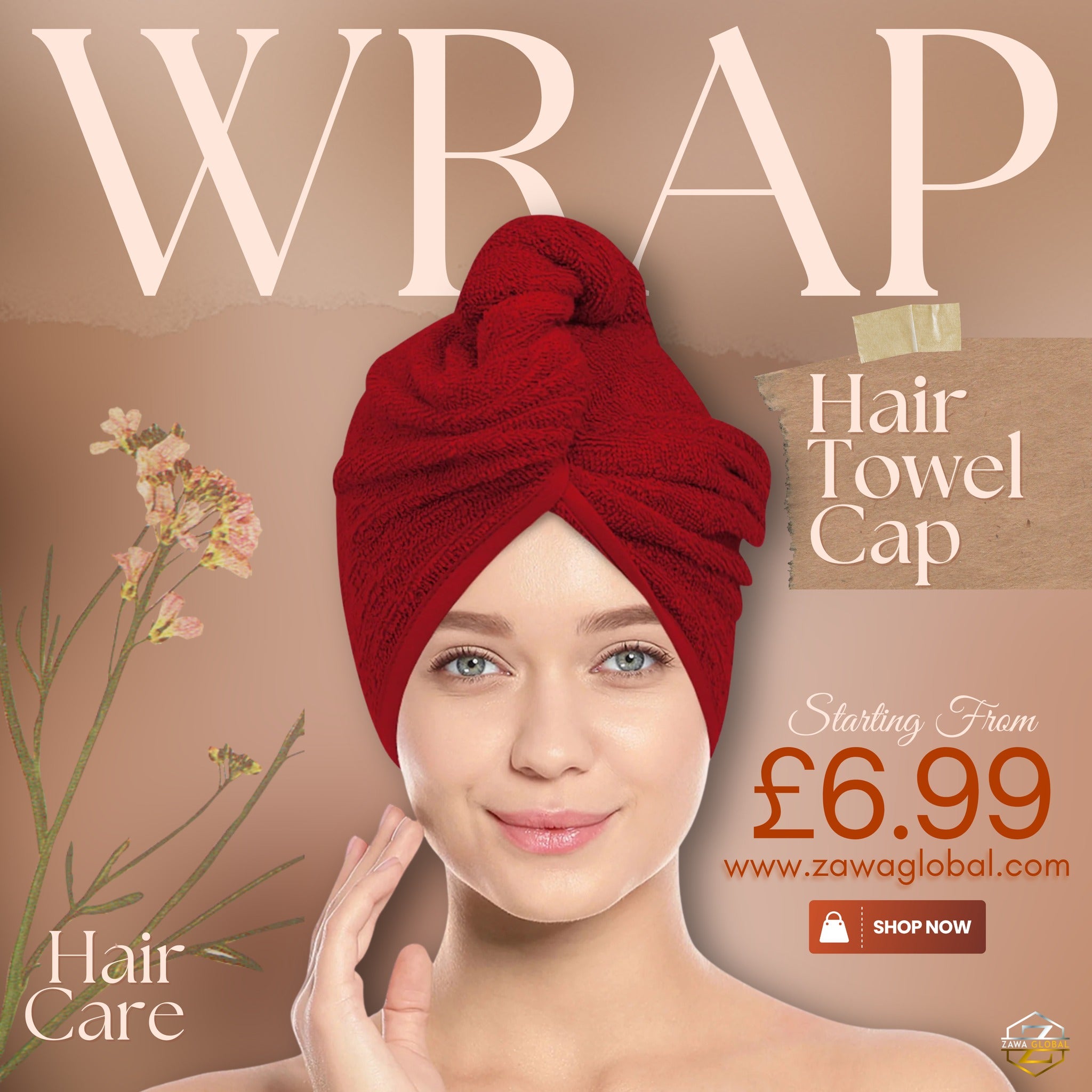 100% Egyptian Cotton Hair Towel Wrap Cap