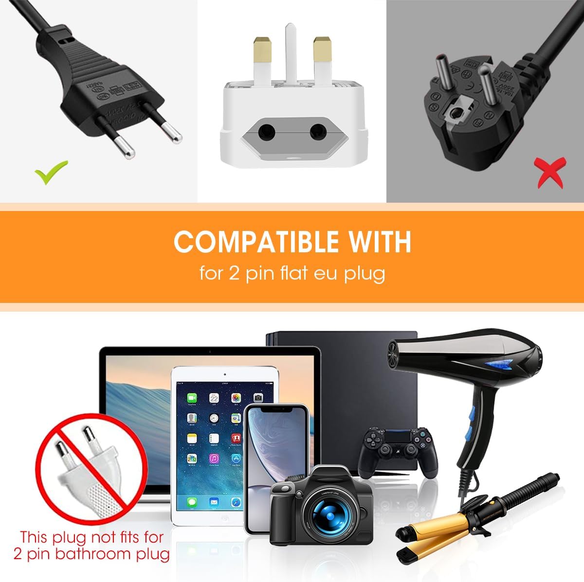 EU 2-Pin to UK 3-Pin Plug Adapter