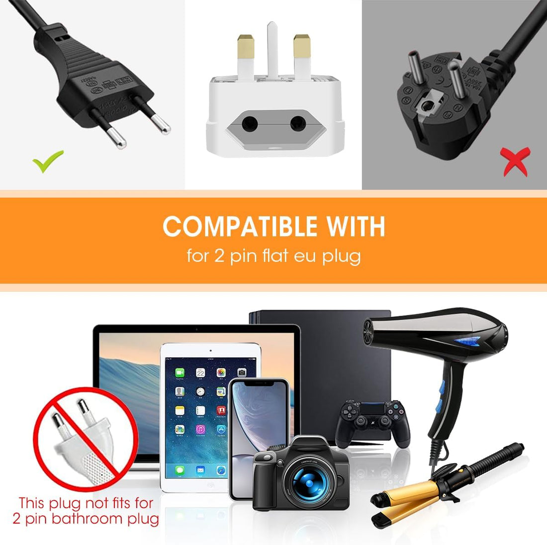 EU 2-Pin to UK 3-Pin Plug Adapter