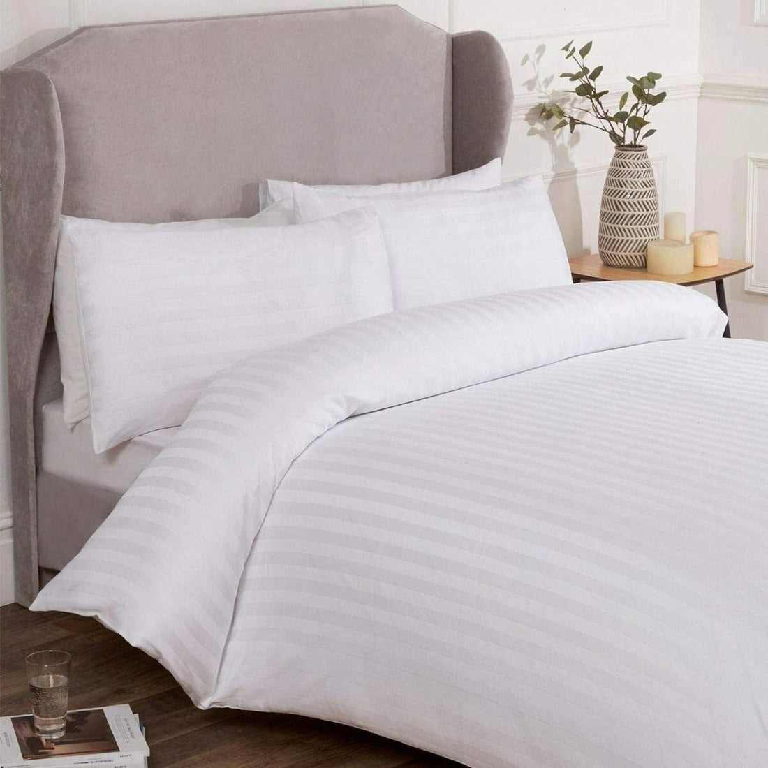 Luxury Stripe 300TC Duvet Bedding Set White