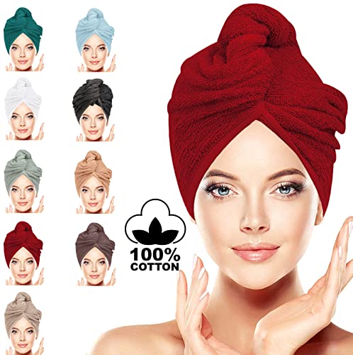 100% Cotton Hair Towel Wrap: Quick Dry, Anti-Frizz Turban , 62CM x 23CM Red Single